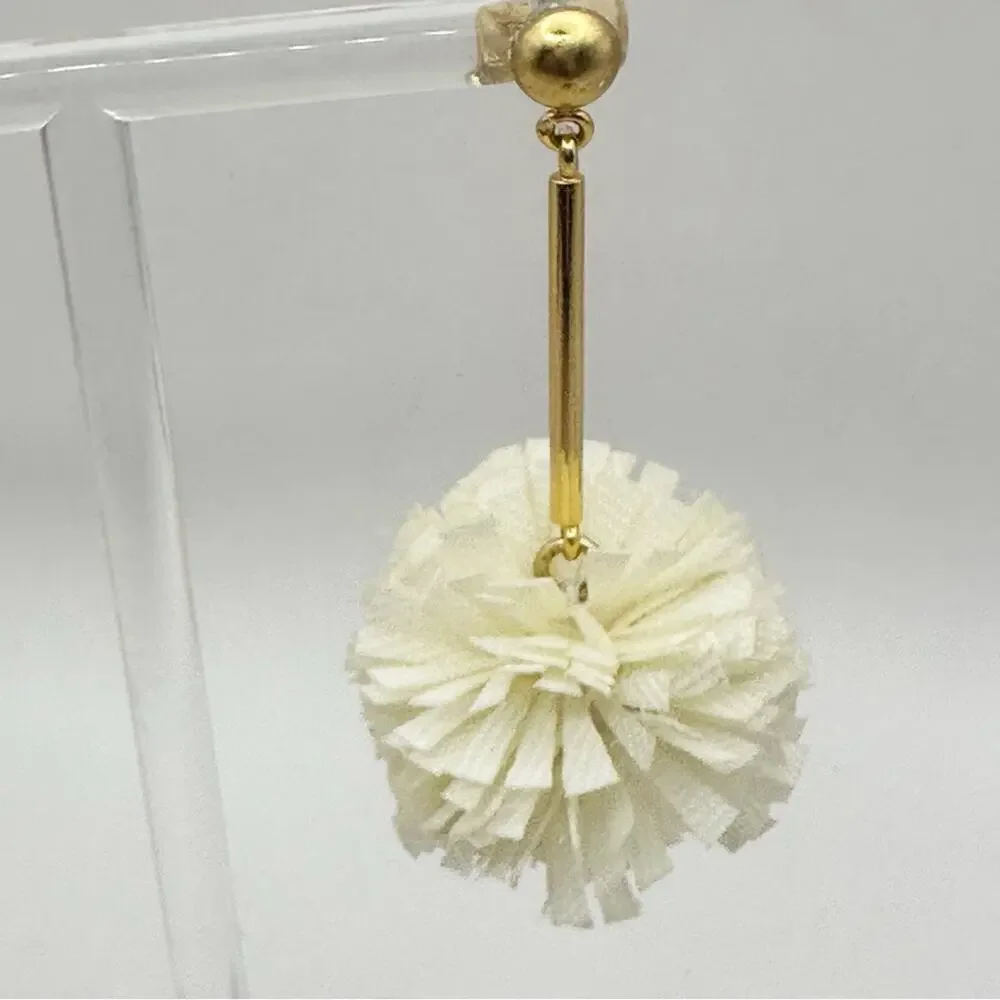 J CREW Pom Pom Earrings Dangle Drop Carnation Flower Gold tone Casual Jewelry